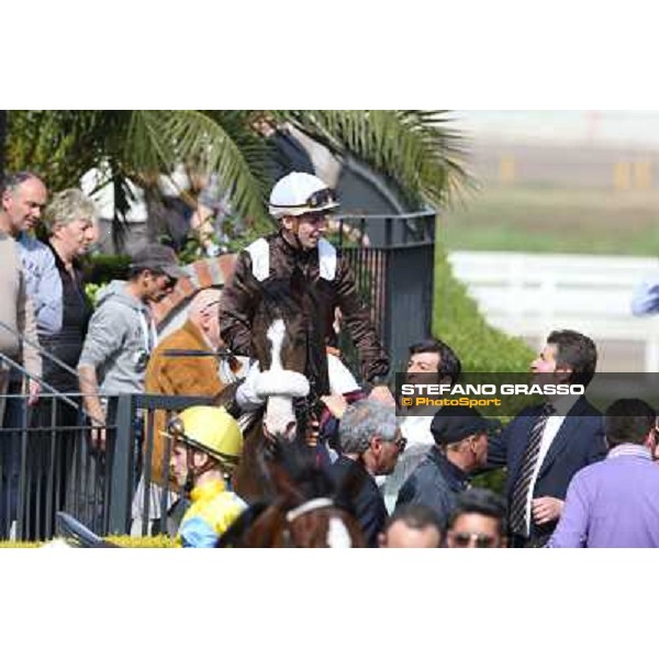 Cristian Demuro on Donna Prassede after winning the Premio Torricola and Stefano Botti Roma - Capannelle racecourse,6th april 2014 ph.Stefano Grasso