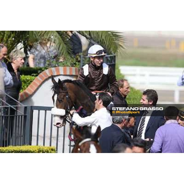 Cristian Demuro on Donna Prassede after winning the Premio Torricola and Stefano Botti Roma - Capannelle racecourse,6th april 2014 ph.Stefano Grasso