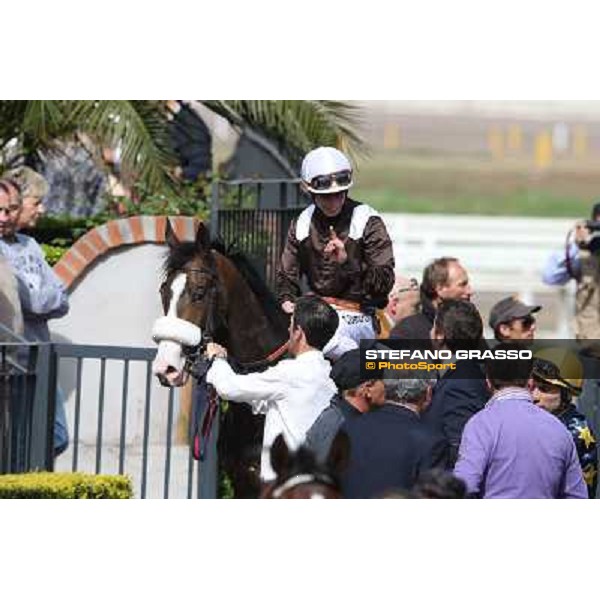 Cristian Demuro on Donna Prassede after winning the Premio Torricola and Stefano Botti Roma - Capannelle racecourse,6th april 2014 ph.Stefano Grasso