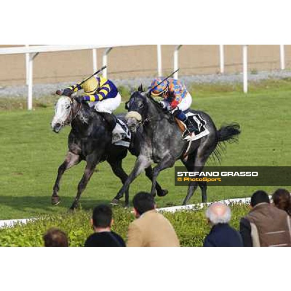 Samuele Diana on Adsense wins the Premio Cloridano - 2nd is Fois on Jolly of Naytiri Roma - Capannelle racecourse,6th april 2014 ph.Domenico Savi/Grasso