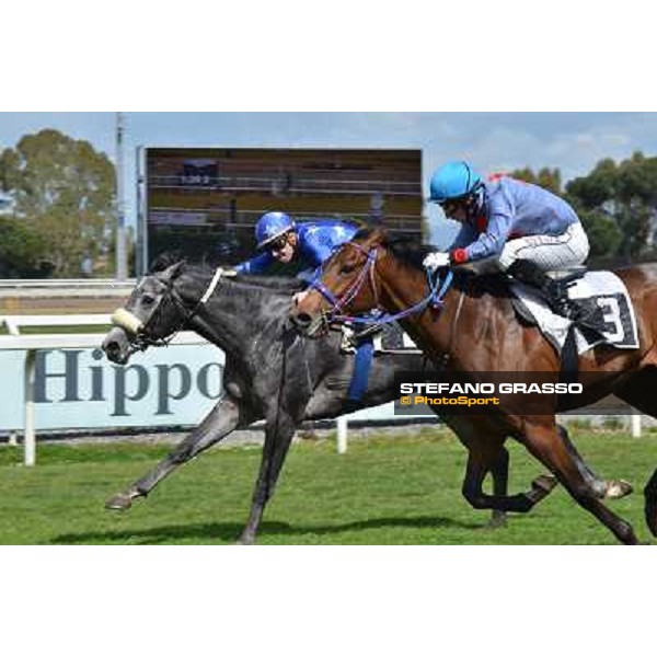 Cristian Demuro on Freedom Holder wins the Premio Daumier - Mem.Marco Rinaldi - Salvatore Sulas on Hoovergetthekeys is second Roma, Capannelle racecourse,6th april 2014 ph.Daniele Incollu/Grasso