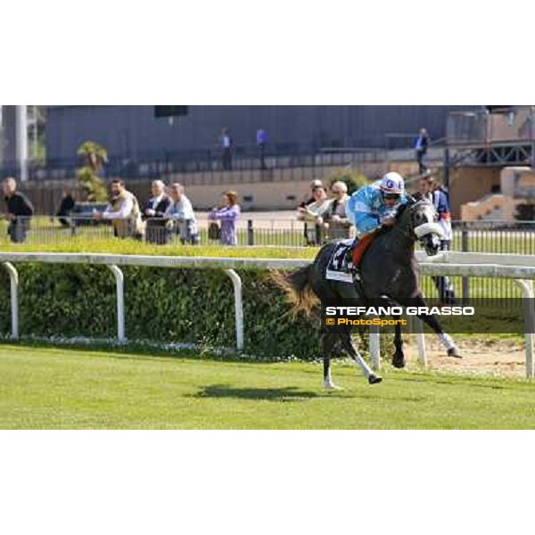 Giuseppe Ercegovic on Rainbow Angel wins the Premio Amur Rome, Capannelle racecourse,11th april 2014 ph.Domenico Savi/Grasso