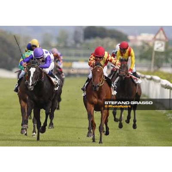 Luca Maniezzi on Clorofilla wins the Premio Carlo Chiesa. 2nd is Mario Esposito on Universo Star Rome, Capannelle racecourse 13th april 2014 ph.Stefano Grasso