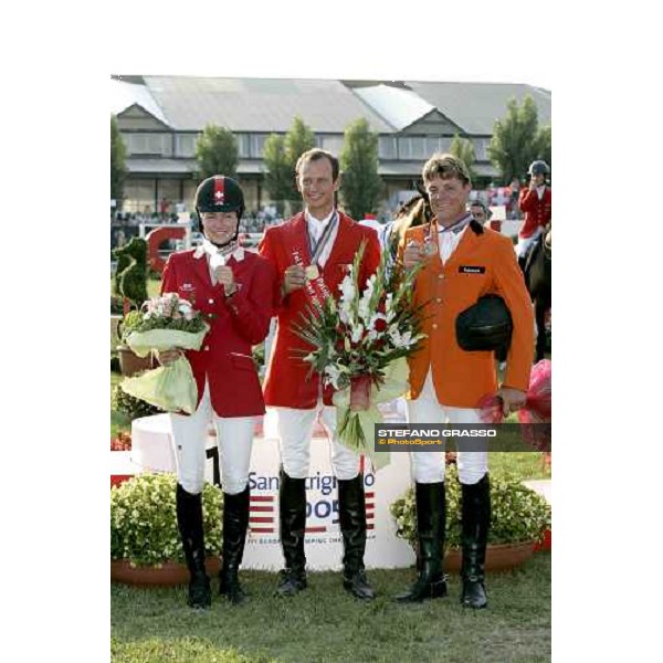 The podium of Fei European Championship San Patrignano 2005- Marco Kutscher, 1st - Christina Liebherr, 2nd - Jeroen Dubbeldam, 3rd San Patrignano 24th july 2005 ph. Stefano Grasso