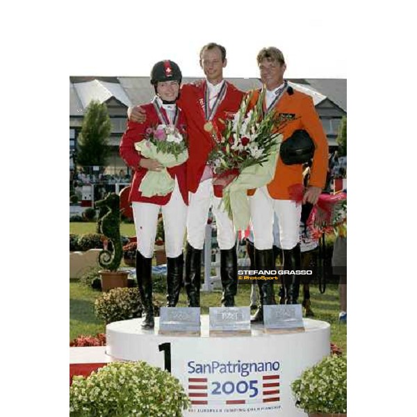 The podium of Fei European Championship San Patrignano 2005- Marco Kutscher, 1st - Christina Liebherr, 2nd - Jeroen Dubbeldam, 3rd San Patrignano 24th july 2005 ph. Stefano Grasso