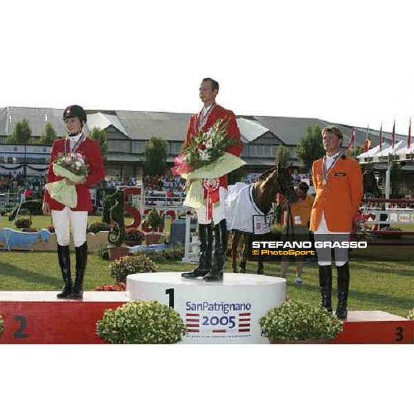 The podium of Fei European Championship San Patrignano 2005- Marco Kutscher, 1st - Christina Liebherr, 2nd - Jeroen Dubbeldam, 3rd San Patrignano 24th july 2005 ph. Stefano Grasso
