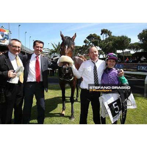 Mirco Demuro on Orsino with his groom celebrates after winning the Premio Carlo D\'Alessio Rome,Capannelle Racecourse,18th may 2014 ph.Stefano Grasso/HippoGroup Roma Capannelle