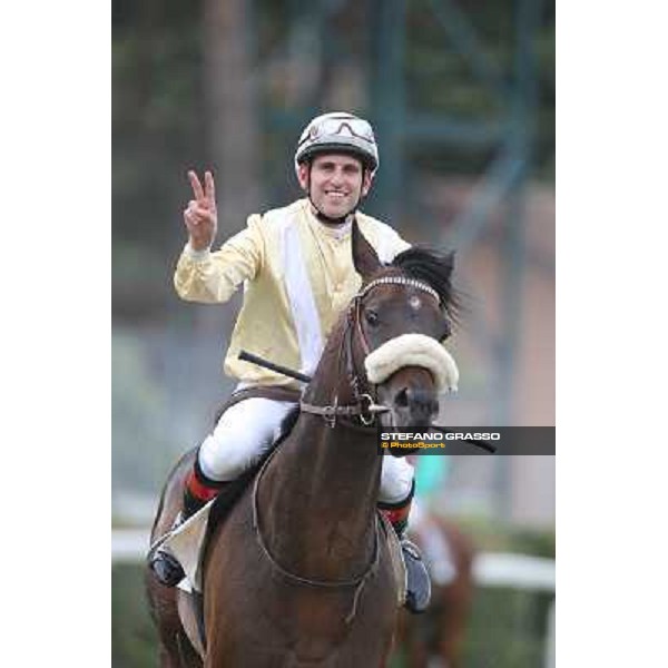 Giovanni Parri celebrates on Rien a Faire after winning the Premio Domenico e Sergio Arnaldi Rome,Capannelle Racecourse,18th may 2014 ph.Stefano Grasso/HippoGroup Roma Capannelle