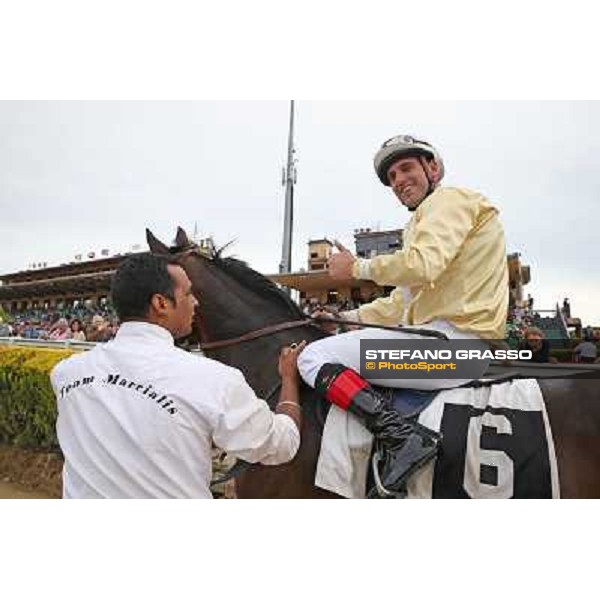 Giovanni Parri celebrates on Rien a Faire after winning the Premio Domenico e Sergio Arnaldi Rome,Capannelle Racecourse,18th may 2014 ph.Stefano Grasso/HippoGroup Roma Capannelle