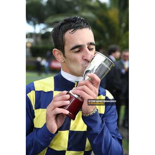 Fabio Branca celebrates after winning the 131° Derby Italiano Rome,Capannelle Racecourse,18th may 2014 ph.Stefano Grasso/HippoGroup Roma Capannelle