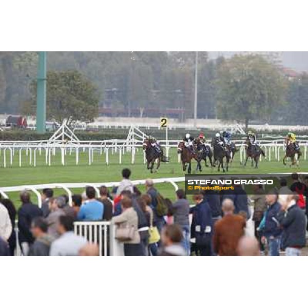 Fabio Branca on Hero Look goes to win the Gran Criterium. Dario Vargiou and Ginwar finish second Milan, San Siro racecourse,12 ottobre 2014 photo Stefano Grasso/Trenno srl