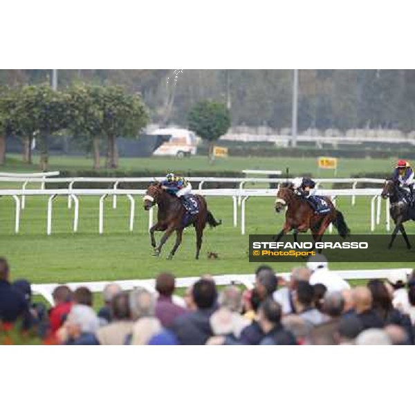 Fabio Branca on Hero Look goes to win the Gran Criterium. Dario Vargiou and Ginwar finish second Milan, San Siro racecourse,12 ottobre 2014 photo Stefano Grasso/Trenno srl