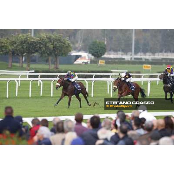 Fabio Branca on Hero Look goes to win the Gran Criterium. Dario Vargiou and Ginwar finish second Milan, San Siro racecourse,12 ottobre 2014 photo Stefano Grasso/Trenno srl