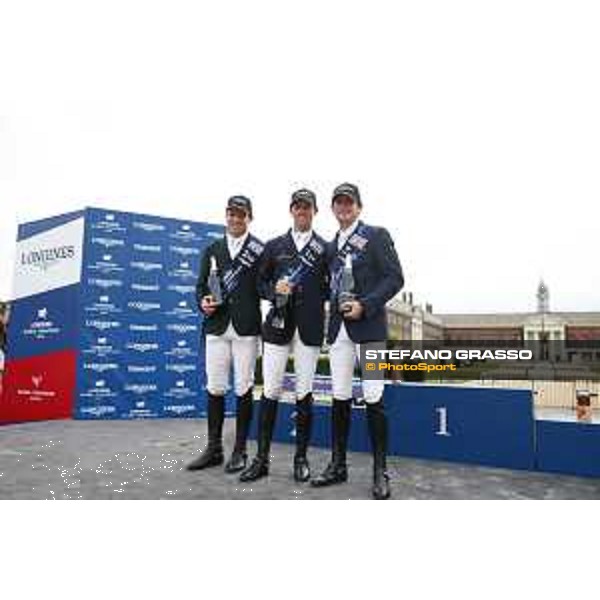 LGCT of London - Grand Prix - Prize giving ceremony - The podium: 1st Ben Maher (GBR), 2nd Shane Sweetnam (IRL), 3rd Darragh Kenny (IRL) - London, Royal Hospital Chelsea - 3 August 2019 - ph.Stefano Grasso/LGCT