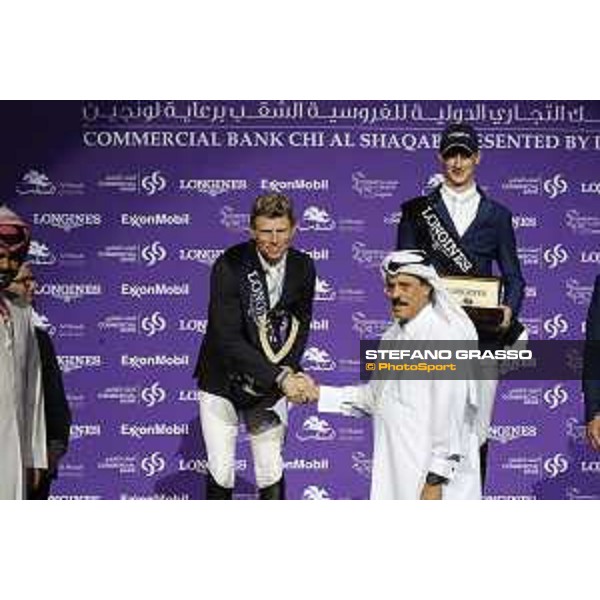 CHI of Al Shaqab - CSI5* Grand Prix Prize giving ceremony - The podium: 1st Daniel Deusser (GER), 2nd Max Kuhner (AUT) and 3rd Roger Yves Bost (FRA) - Doha, Al Shaqab - 29 February 2020 - ph.Stefano Grasso/CHI Al Shaqab