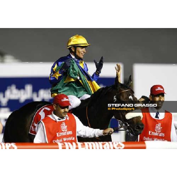 Tiago Pereira on Gloria de Campeao celebrates after winning the Dubai World Cup Dubai - Meydan, 26th march 2010 ph. Stefano Grasso