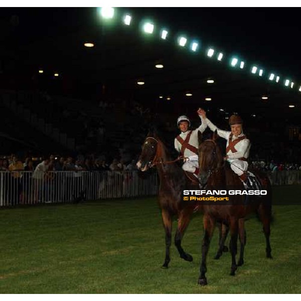 Frankie Dettori and Pinuccio Molteni parading in front of 5000 people at Varese racetrack Varese Le Bettole 7th august 2004 ph. Stefano Grasso