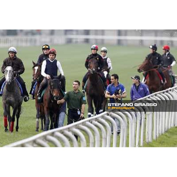 Morning track works at Sha Tin racecourse - Endo Botti on Jakkalberry leads a group of horses going to the morning worksout Hong Kong- Sha Tin, 10th dec. 2010 ph. Stefano Grasso
