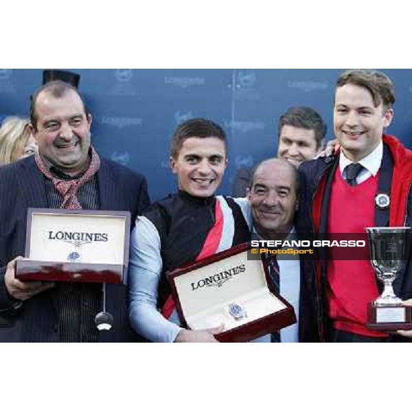 The prize giving ceremony of the Gran Premio Longines Lydia Tesio - Andrea Atzeni with his father and Sortilege\'s owner Holger Faust Rome, Capannelle racecourse 28th october 2012 ph.Stefano Grasso