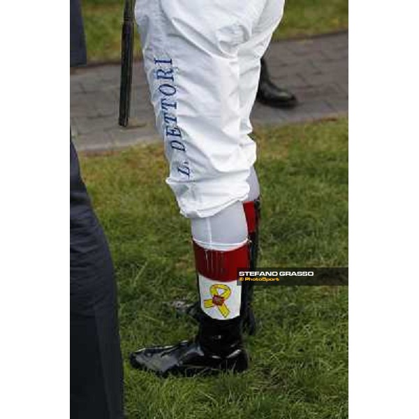a close up to Frankie Dettori\'s pants with the logo \'Liberi Subito\' for the Italian Marò Roma - Capannelle racecourse,28th oct.2012 ph.Stefano Grasso