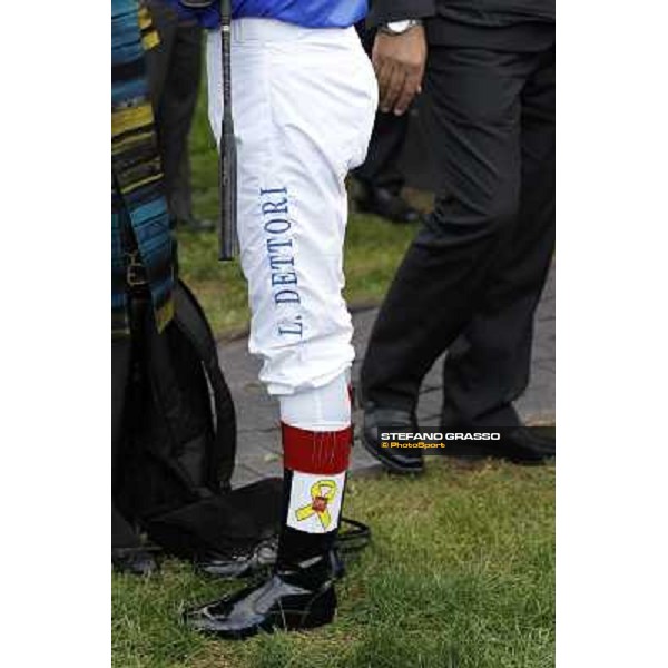 a close up to Frankie Dettori\'s pants with the logo \'Liberi Subito\' for the Italian Marò Roma - Capannelle racecourse,28th oct.2012 ph.Stefano Grasso
