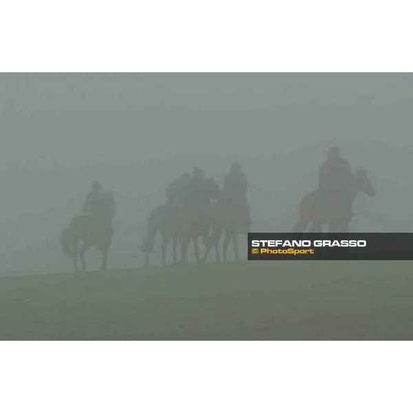 Dr. Philip Pritchard with his stable staff during morning works in a foggy day Purton, Gloucestershire 19th march 2005 Ph. Stefano Grasso