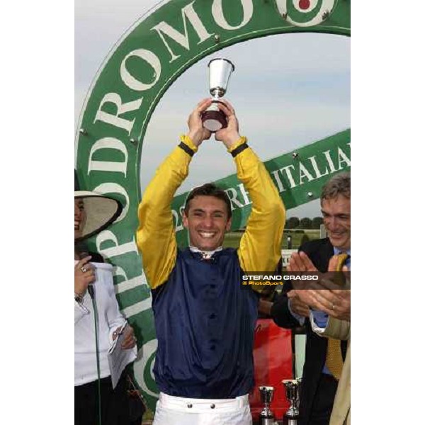 Marco Monteriso in triumph in the winner circle of Capannelle racetracj after the victory in the Derby Rome Capannelle Derby 2005 Rome 22th may 2005 ph. Stefano Grasso